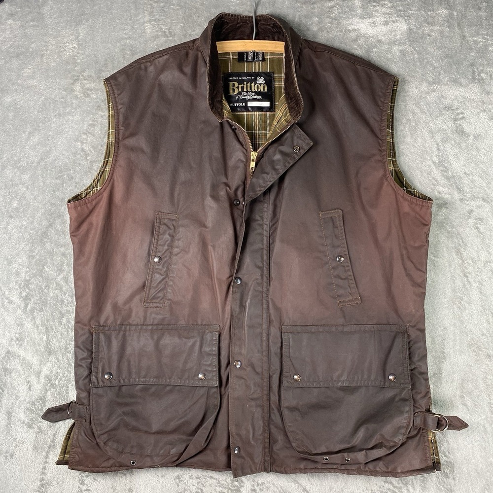 Vintage Britton Suffolk Vest Mens L Brown Waxed Cotton Plaid Lining Corduroy